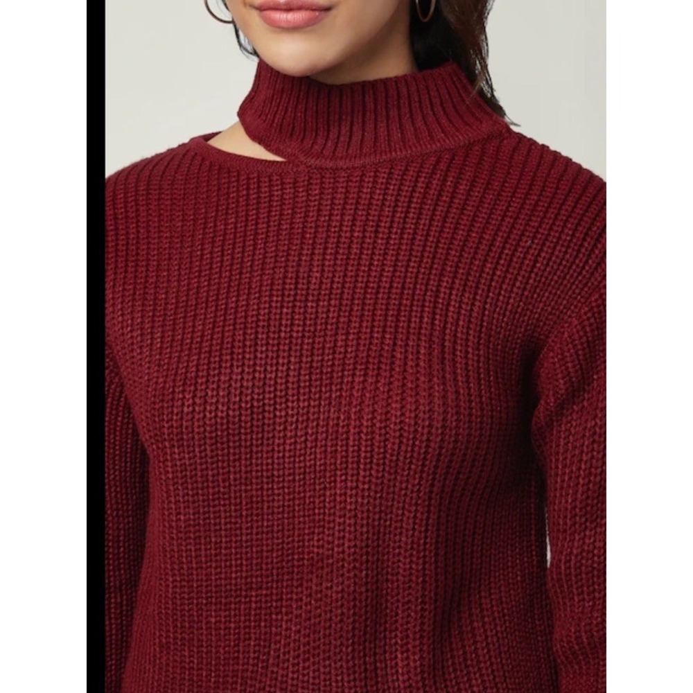 Derek Heart High Neck Sweater Shoulder Cut Out Women's Burgundy M Cozy Sexy Chic